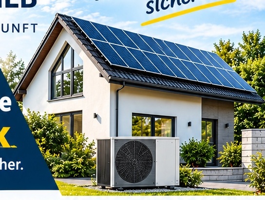 Modernes Haus mit Photovoltaik und Wärmepumpe